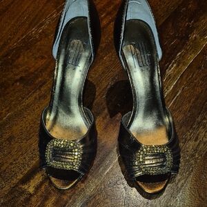 Vintagey Leather Bronze Peep Toe Heels with Sparkly Crystal Buckle